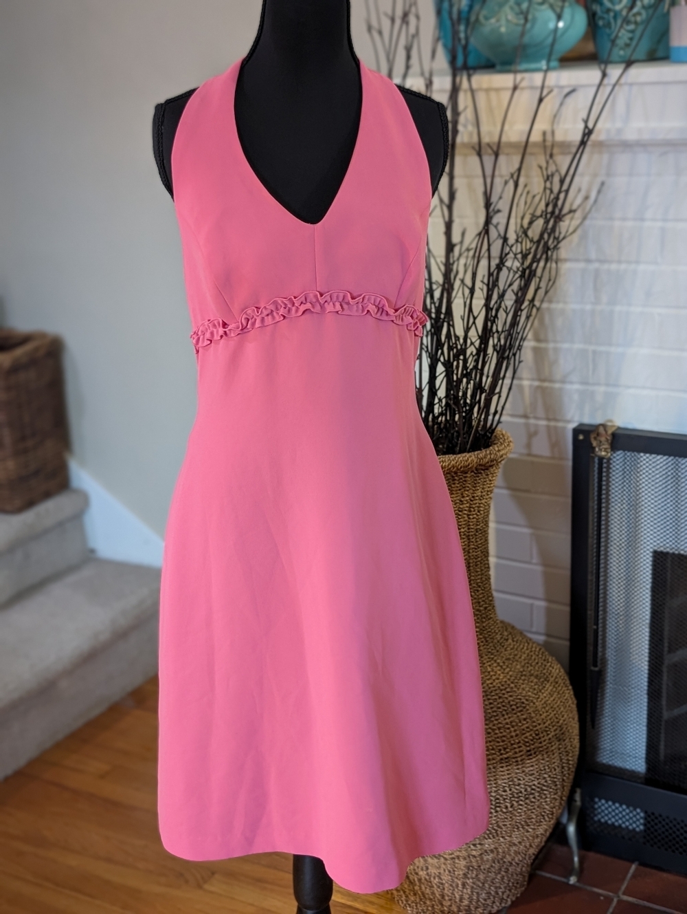 Amanda Smith Petite Pink Halter Dress Women’s Size 10P Ruffle Detail A-Line (G2)